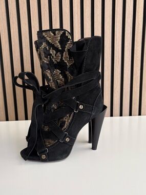 Auth ROBERTO CAVALLI Tapestry Suede Boots
